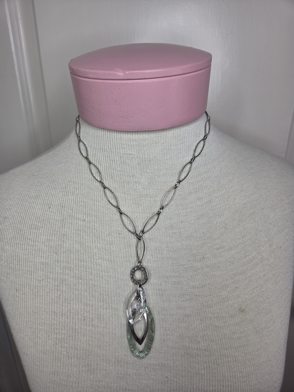 Antica Murrina Link Chain Necklace Blue/Grey And Clear Glass Pendant Signed